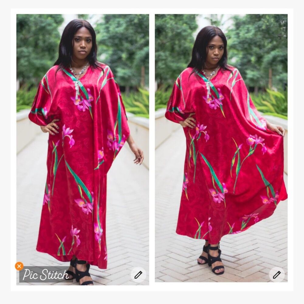 Winlar Red Satin Floral Kaftan Maxi Dress One Size Muumuu House Flowy Feminine